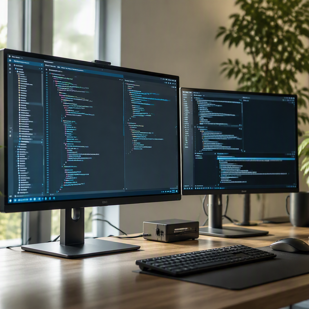 Dual monitors with computer code displayed on them, on a desk along with a keyboard, mouse, mug and plant.